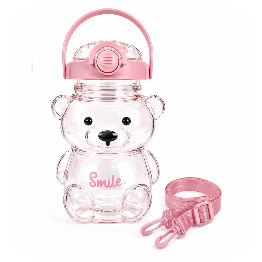 Pink bear face kids water bottle with ears and straw lid