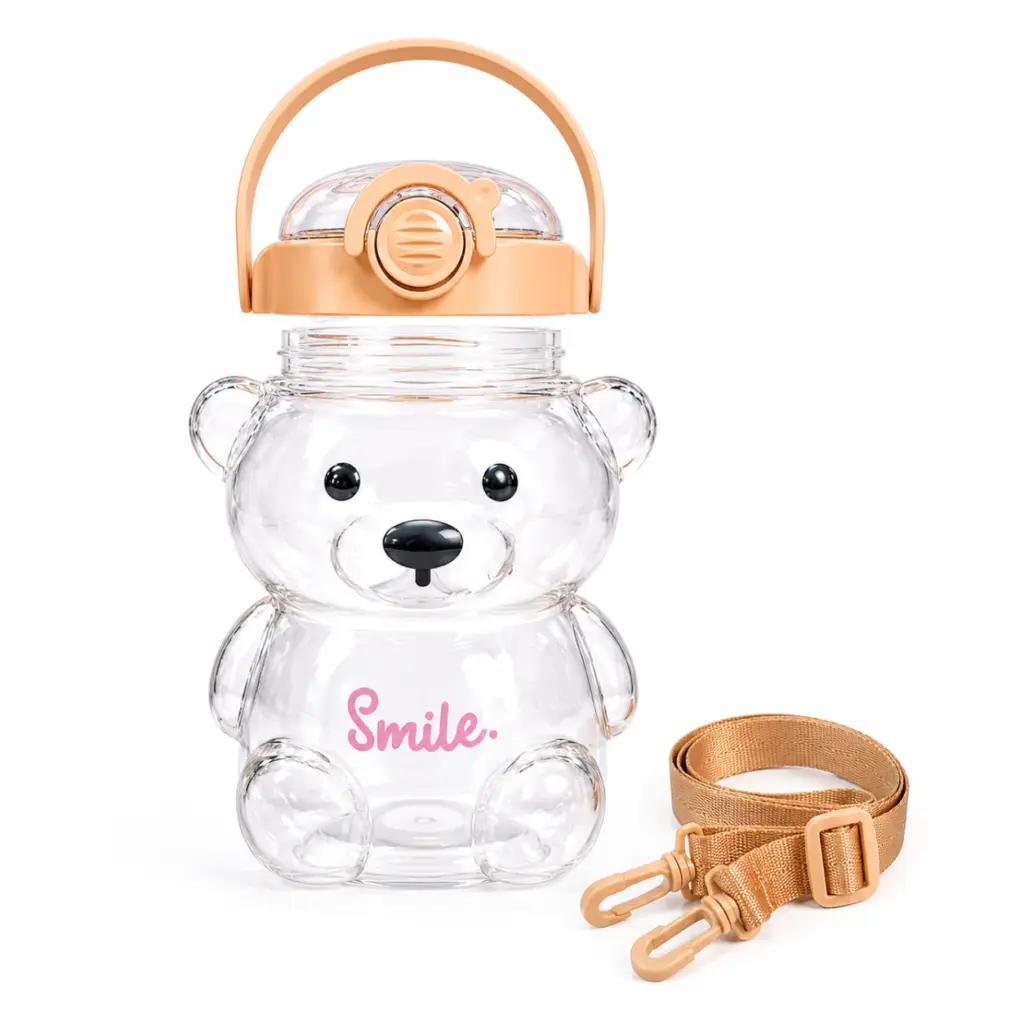 Beige bear face kids water bottle with teddy ears on lid
