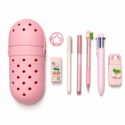 Viral Pink Croc Pencil Case with 7-Piece