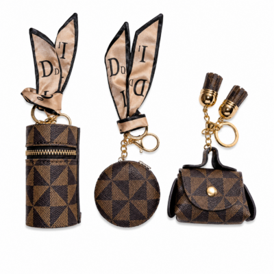 Luxury Inspired Brown Check Mini Keychain Accessory Set – 3 Piece Collection