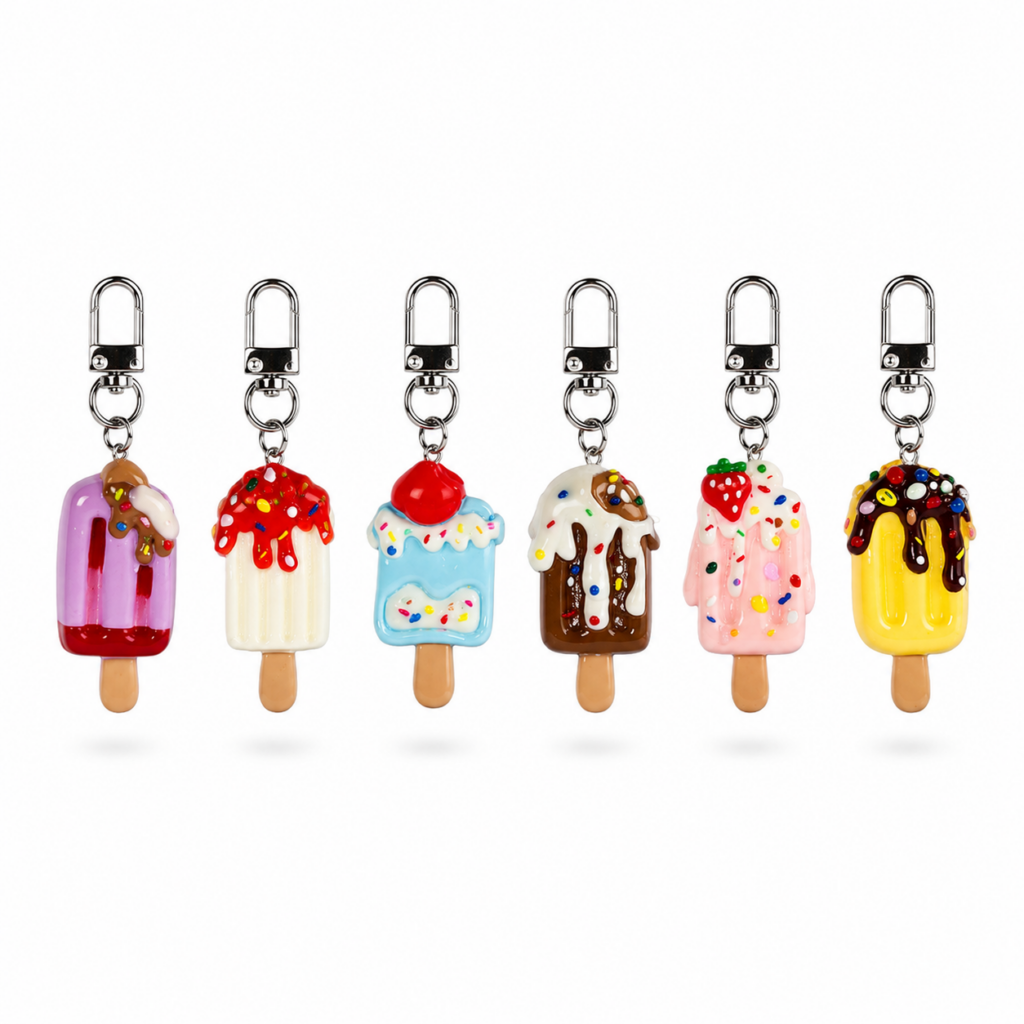 Mini pastel ice cream cone keyring charm on silver clip
