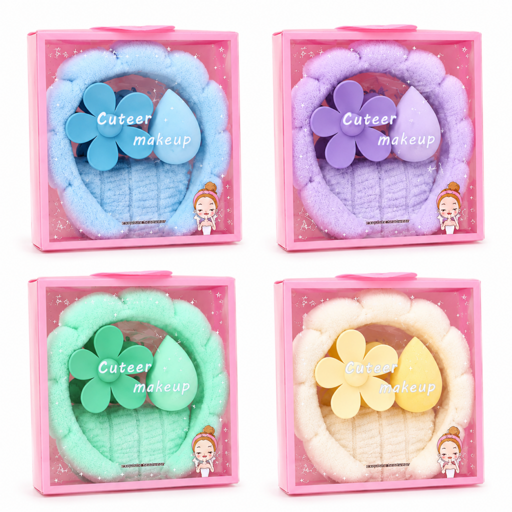 Wholesale Spa Headband & Makeup Sponge Gift Set – 8 Pieces (2 of Each Colour) - Health & Beauty | The Box Shop UK