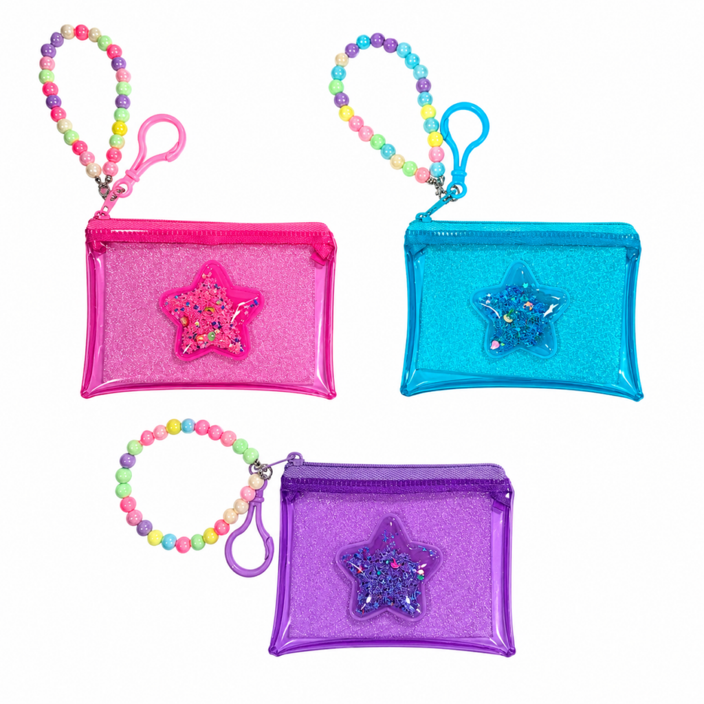 Glittery star shaped mini coin purse keyring in pink