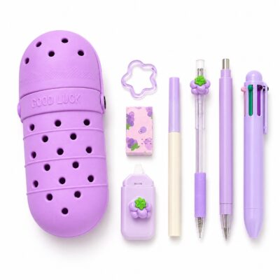 Viral Purple Croc Pencil Case With 7 Piece Stationary