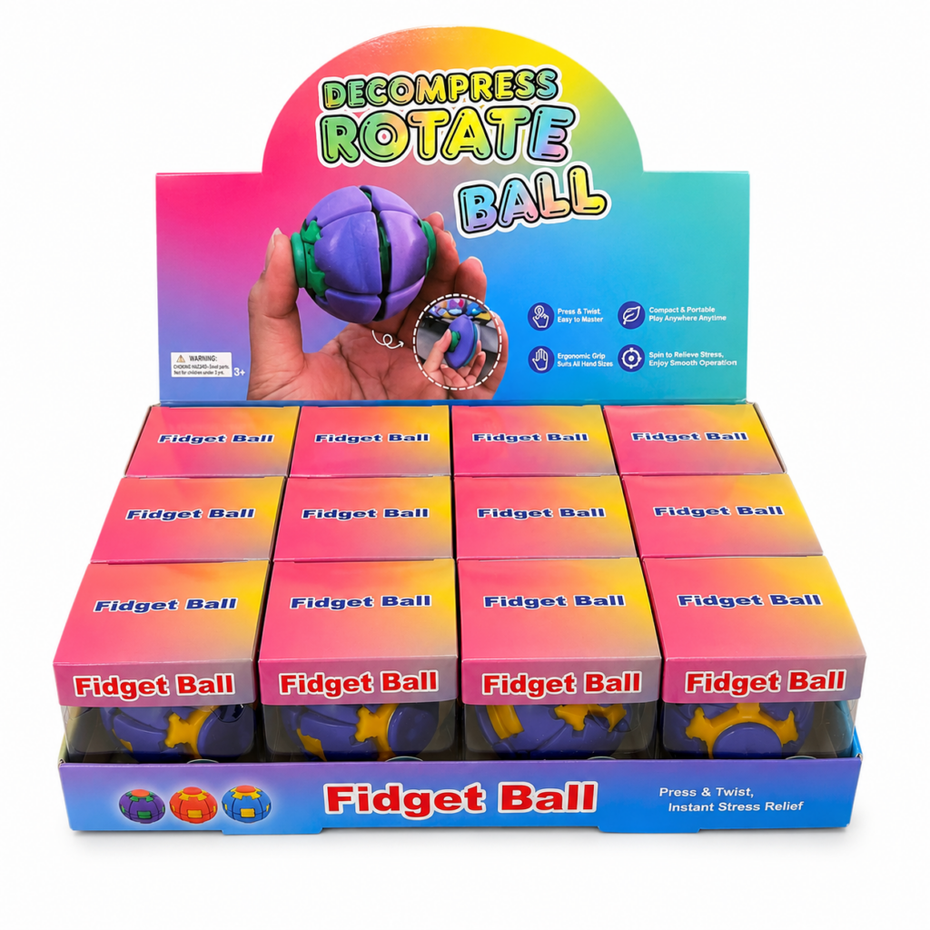 Wholesale Blue & Yellow Decompress Rotate Fidget Ball – 12 Pack Display Box - Fidget Toys & Squishies | The Box Shop UK