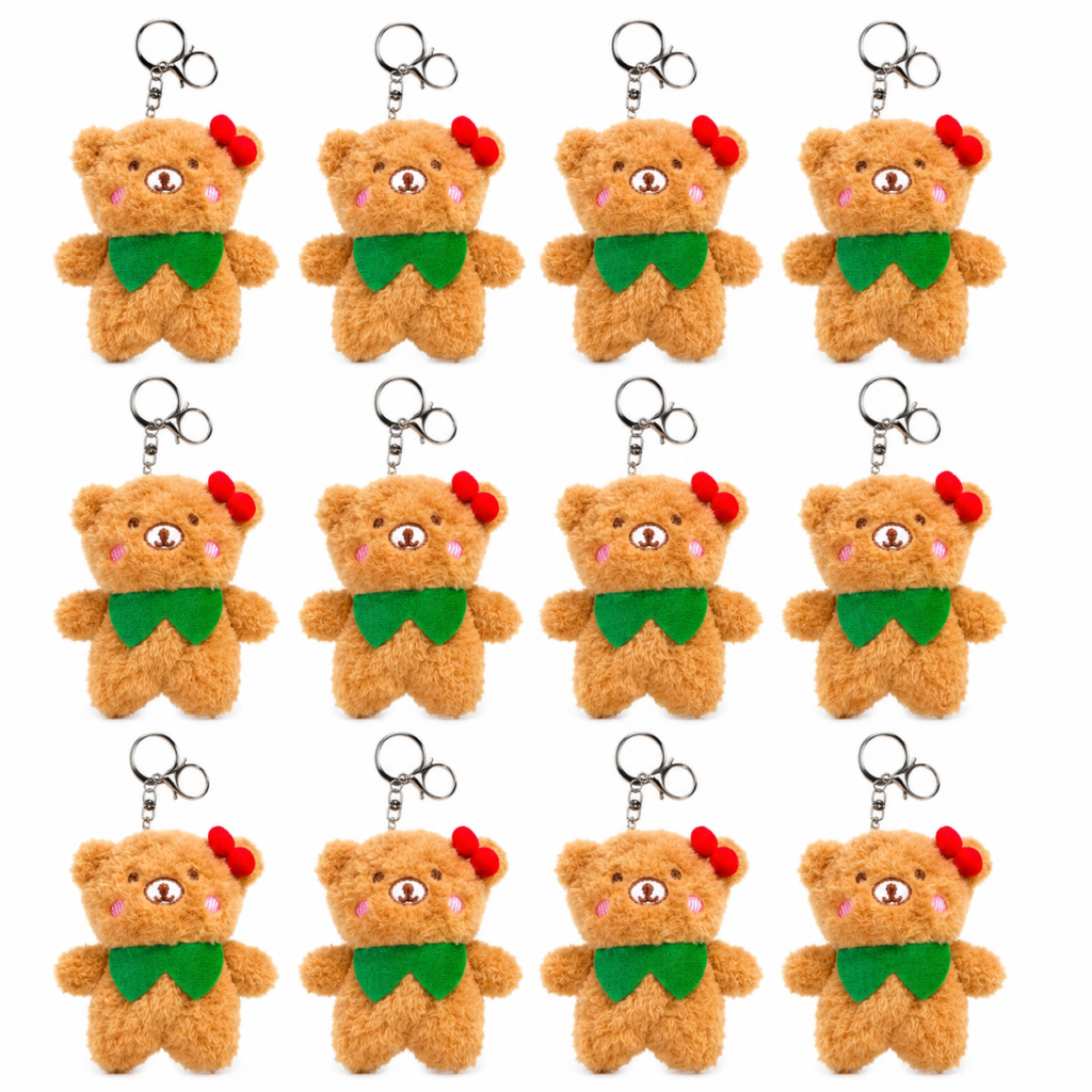 Wholesale Plush Teddy Bear Keyrings – Pack of 12 Cute Bear Bag Charms with Red Bow - Keyrings & Charms | The Box Shop UK