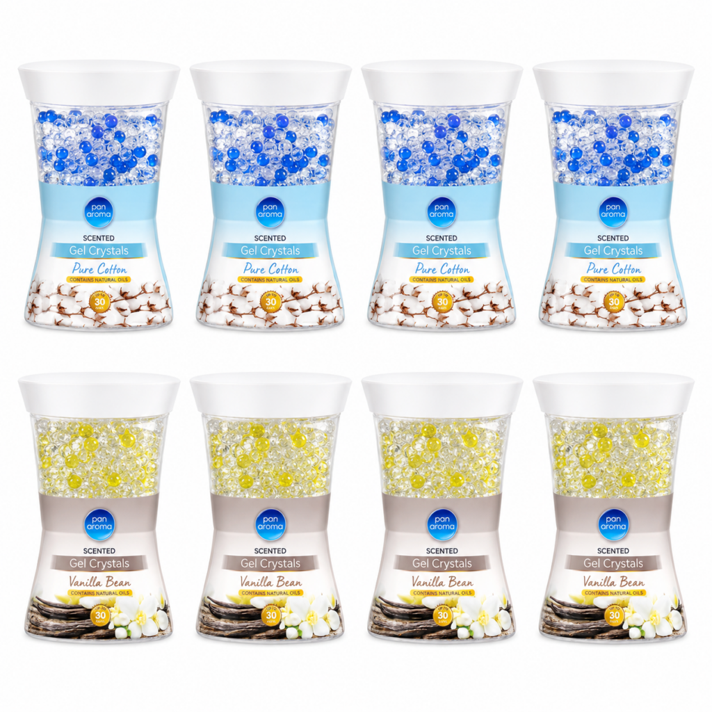 Wholesale Pan Aroma Scented Gel Crystals Air Fresheners – Pack of 8 (4 Pure Cotton & 4 Vanilla Bean) - Home & Living | The Box Shop UK