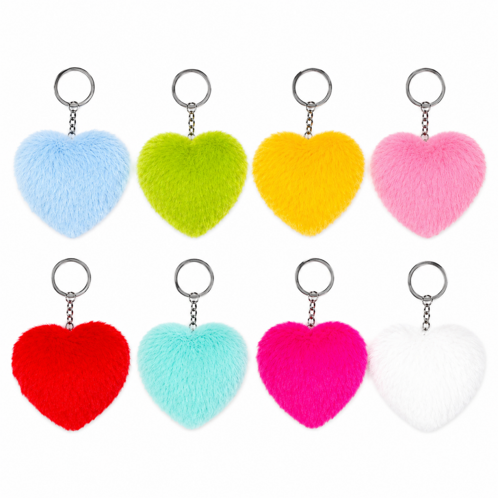 Wholesale Plush Heart Keyrings – 8 Pack – Mixed Colours – Soft Fluffy Heart Bag Charms - Keyrings & Charms | The Box Shop UK