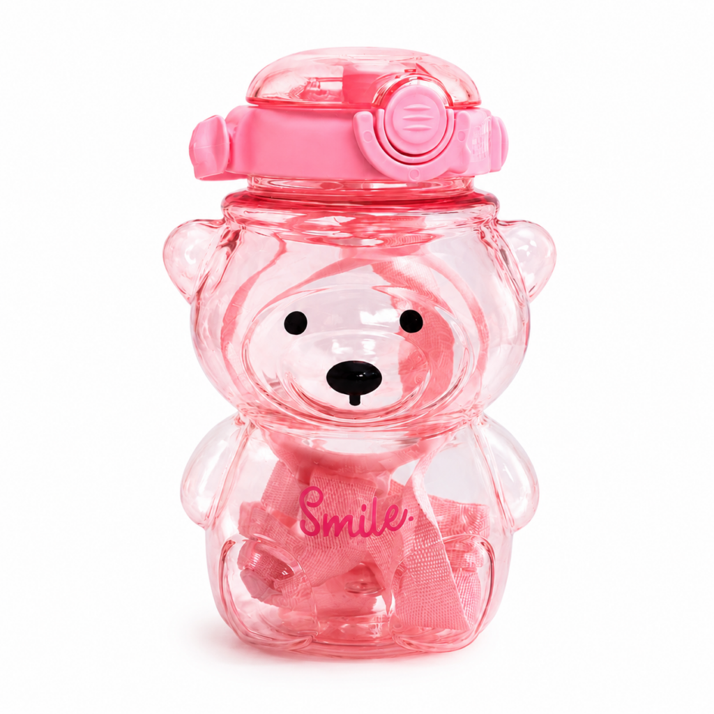 Wholesale 5 Pack Pink Bear Shaped Kids Water Bottles with Straw & Carry Strap - Home & Living | The Box Shop UK