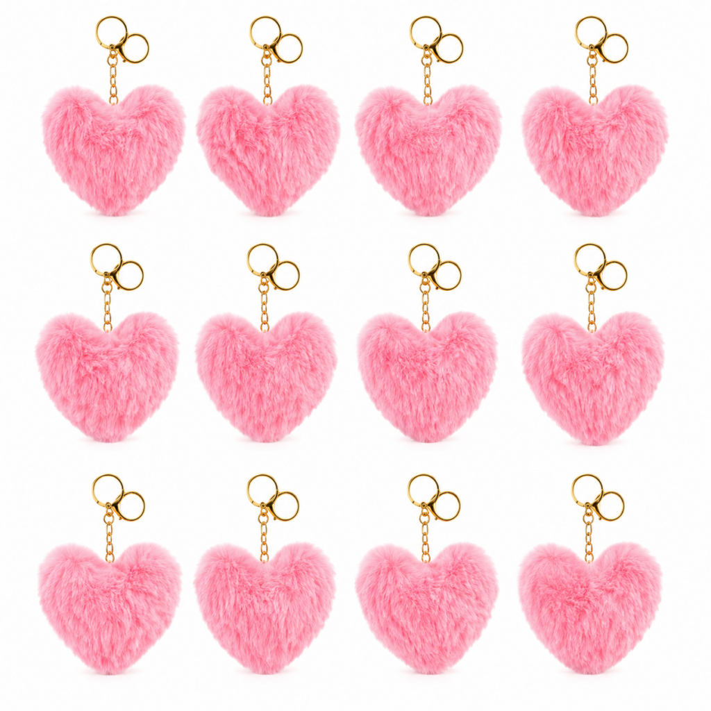 Wholesale Plush Pink Heart Keyrings – Pack of 12 Soft Fluffy Bag Charms - Keyrings & Charms | The Box Shop UK