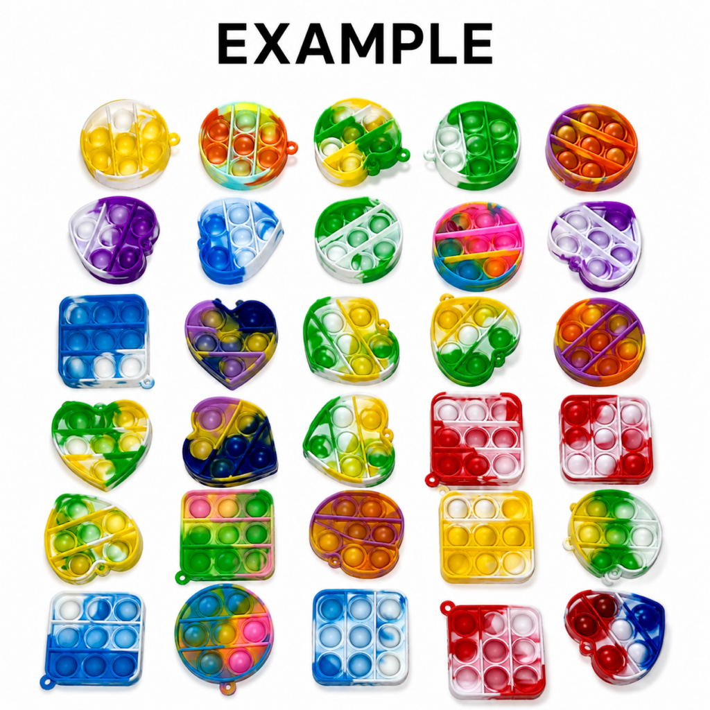 Wholesale 48 Piece Mini Pop It Keyrings – Assorted Colours & Shapes Fidget Toys - Fidget Toys & Squishies | The Box Shop UK